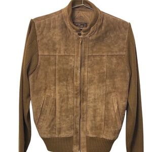 Alvin Josef Vintage Mens Brown Suede Leather Knit Bomber Jacket Medium Zip Up